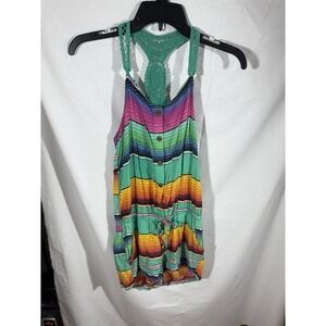 O'Neill Bright Striped Short‎ Romper Sz Small Drawstring Waist Crochet Straps